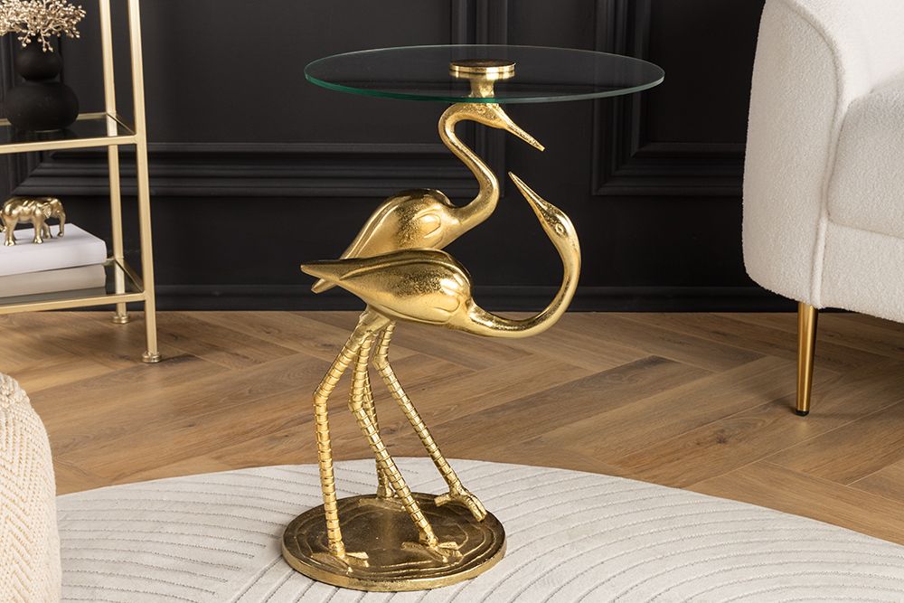Runder Beistelltisch WILDLIFE CRANE 55cm gold Glas Kranich-Skulptur handmade