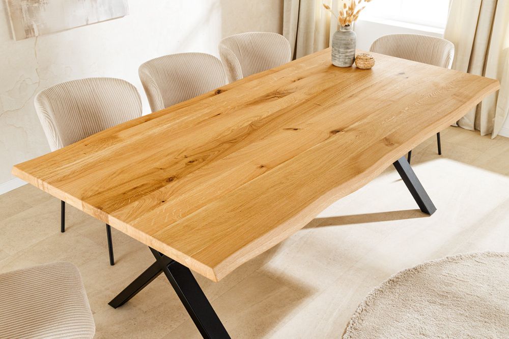 Massivholz Esstisch WILD OAK 200cm natur schwarz Wildeiche Baumkante geölt X-Gestell