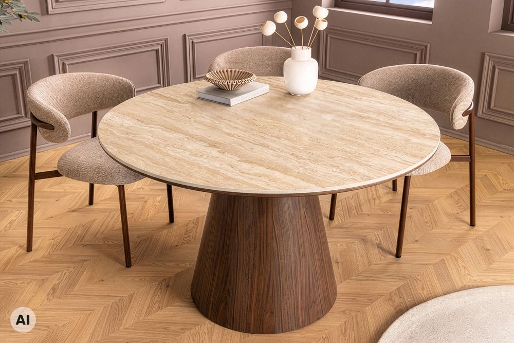 Runder Esstisch UNIQUE 120cm braun natur Walnussholz Travertin Keramik Säulenfuß