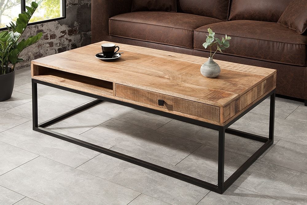 Massiver Couchtisch IRON CRAFT 100cm Mangoholz mit Schublade schwarzes Metallgestell