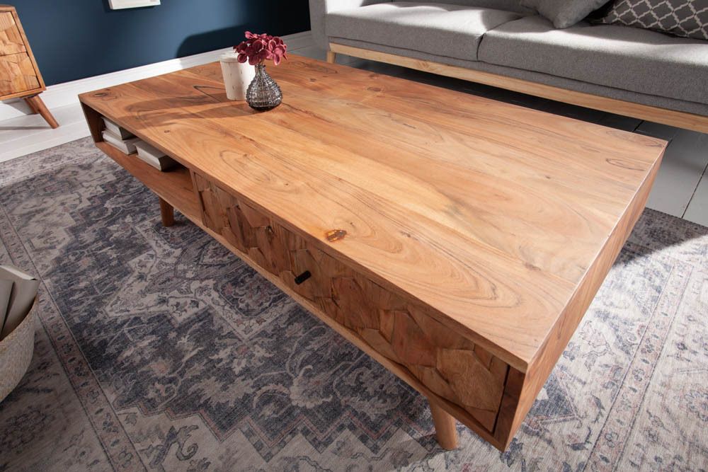 Massivholz Couchtisch MYSTIC LIVING 100cm natur Akazie mit Stauraum Schubladen Ablagefach