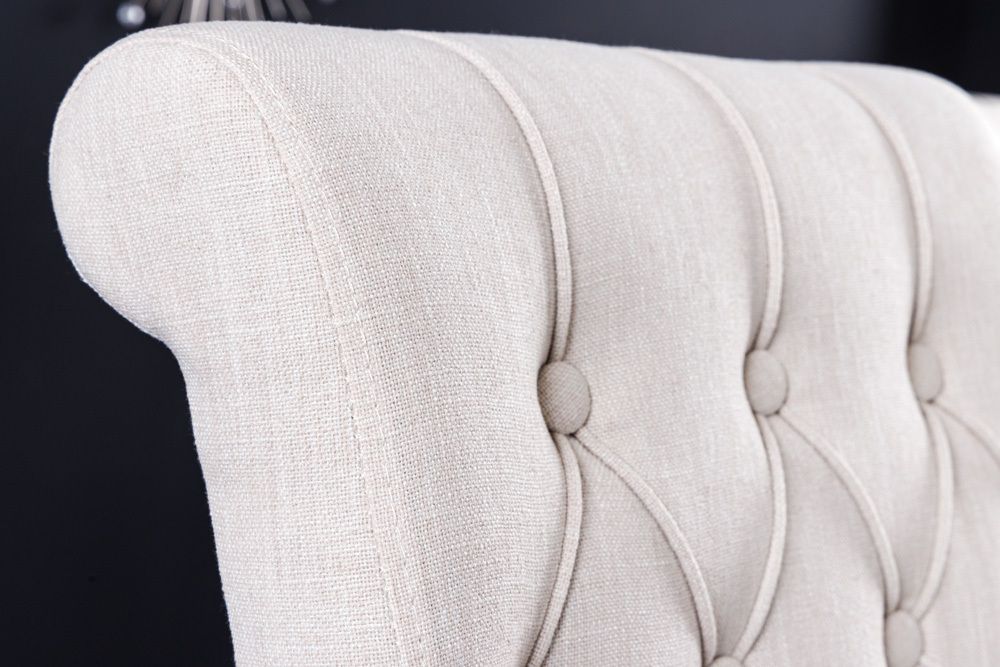 Design Stuhl CASTLE beige schwarz Strukturstoff Holzfüße Chesterfield