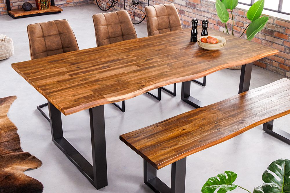 Massivholz Esstisch GENESIS 160cm natur anthrazit Akazie Baumkante Industrial Design