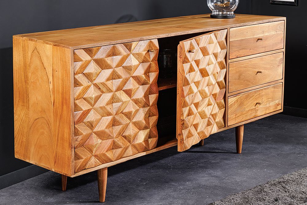 Massivholz Sideboard ALPINE 145cm Akazie honey finish Kommode mit Schubladen Retro Design