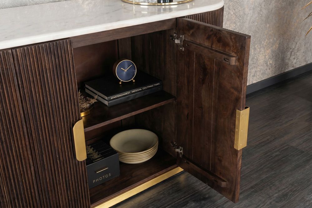 Massives Sideboard GATSBY 120cm braun Mangoholz gold Metall weiße Marmorplatte