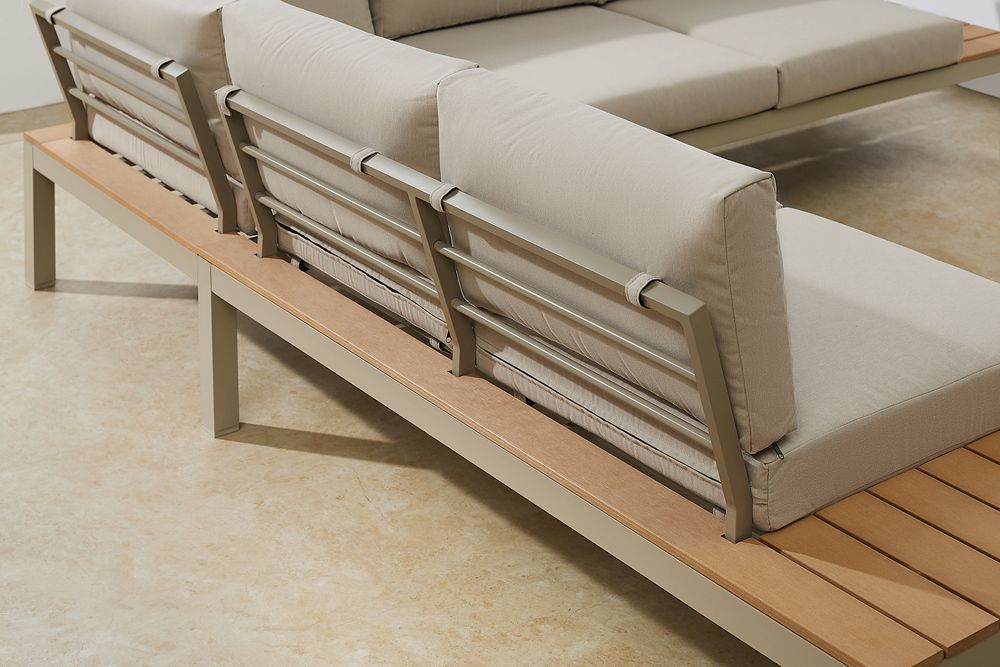 Große Garten Sitzgruppe MIAMI LOUNGE 240cm champagner greige Aluminium wetterfest Outdoor inkl. Kissen