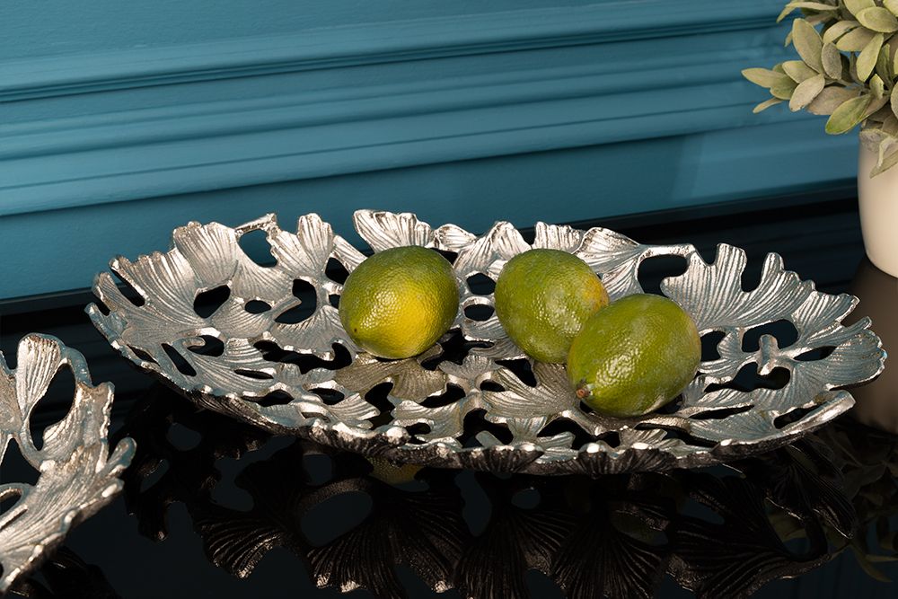 Dekorative Schale GINKGO LEAFS 40cm silber handmade Metall