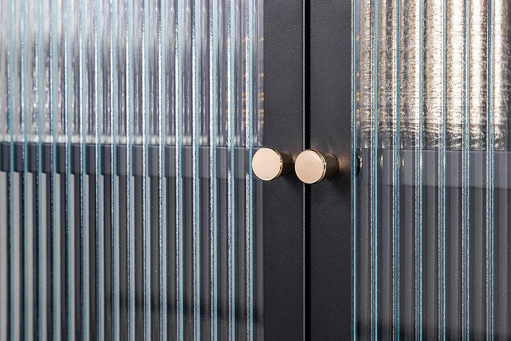 Moderne Vitrine PARIS 110cm schwarz gold Riffelglas Metall Sideboard Schrank