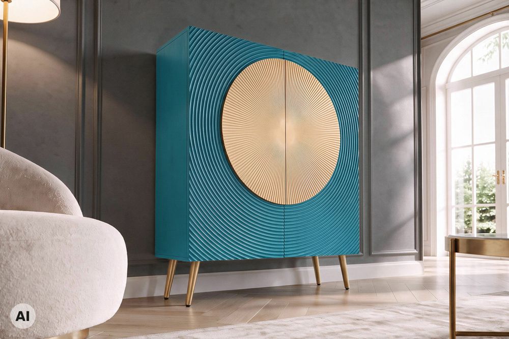 Massives Highboard AURUM 120cm türkis Mangoholz mit ikonischem Gold-Element