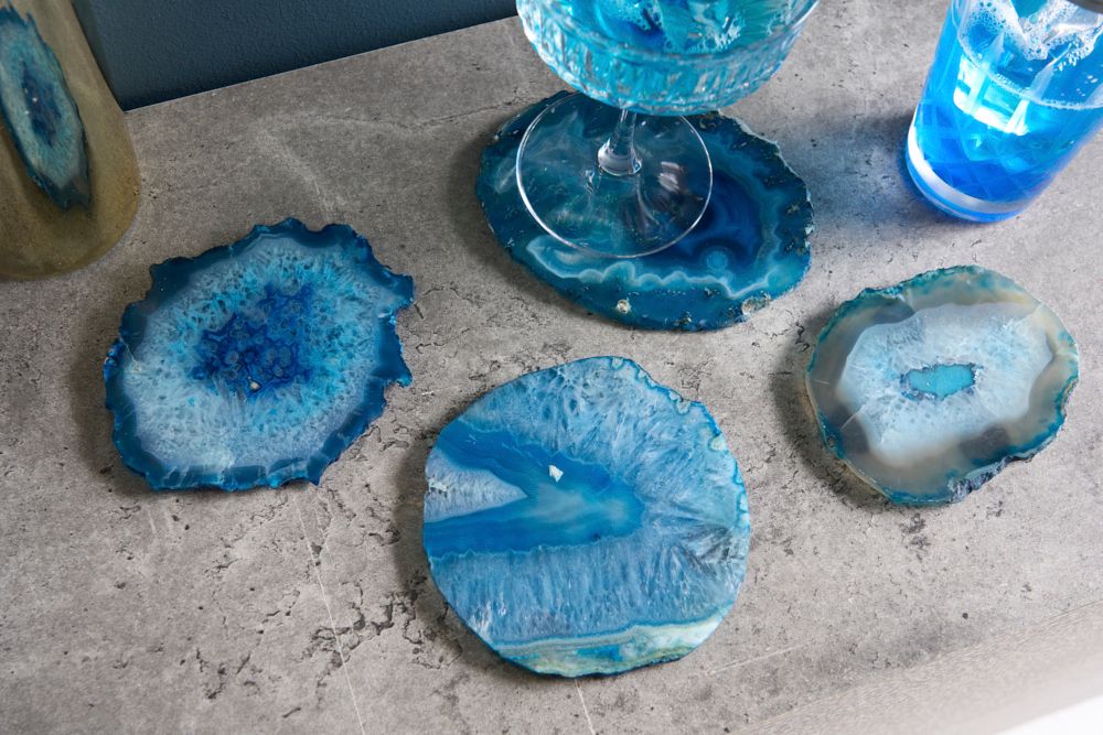 4er Set Untersetzer für Gläser COASTER 10cm blau Edelstein Achat Quarz handmade