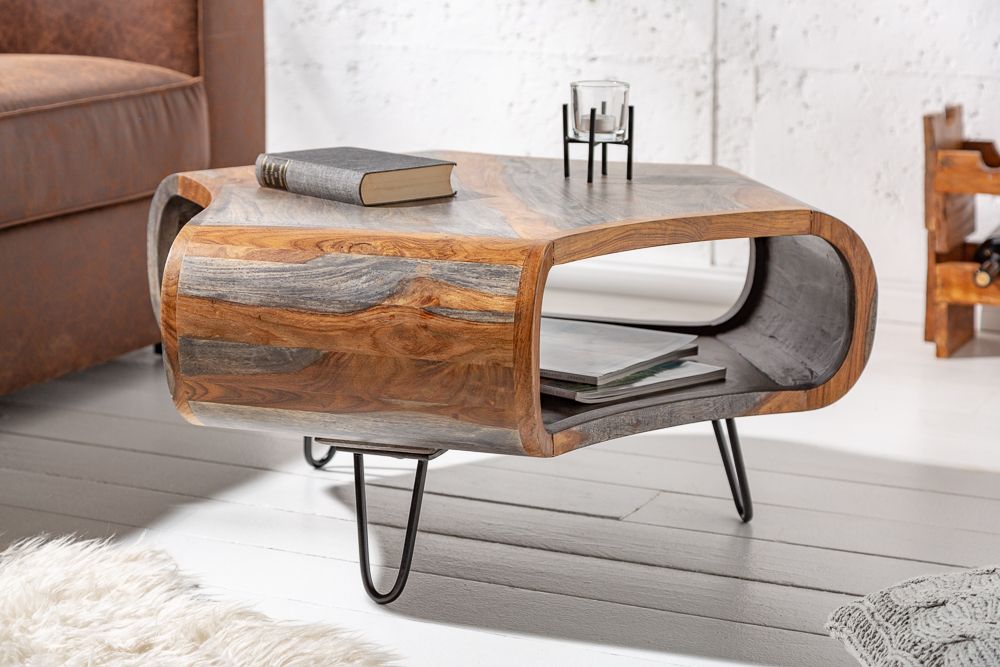 Retro Couchtisch ORGANIC LIVING 80cm grau smoke finish Sheesham Palisander Massivholz Hairpin Legs