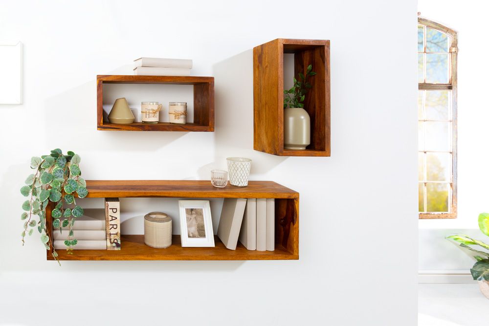 Massives Wandregal 3er Set HEMINGWAY 94cm braun Sheeshamholz stone finish