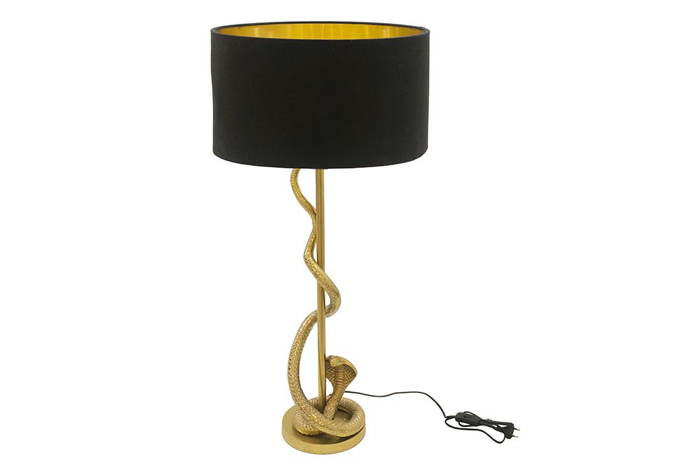 Design Tischlampe COBRA 110cm gold Schlangen Skulptur schwarzer Stoffschirm