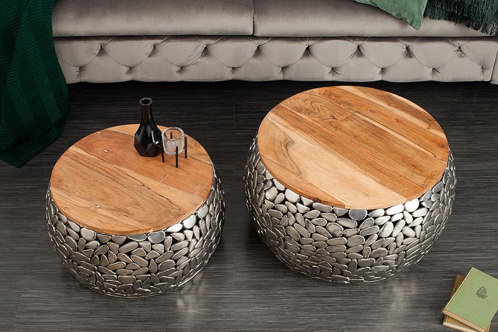 2er Set Runde Couchtische STONE MOSAIC 65cm silber Mangoholz Metall handmade Mosaik Design