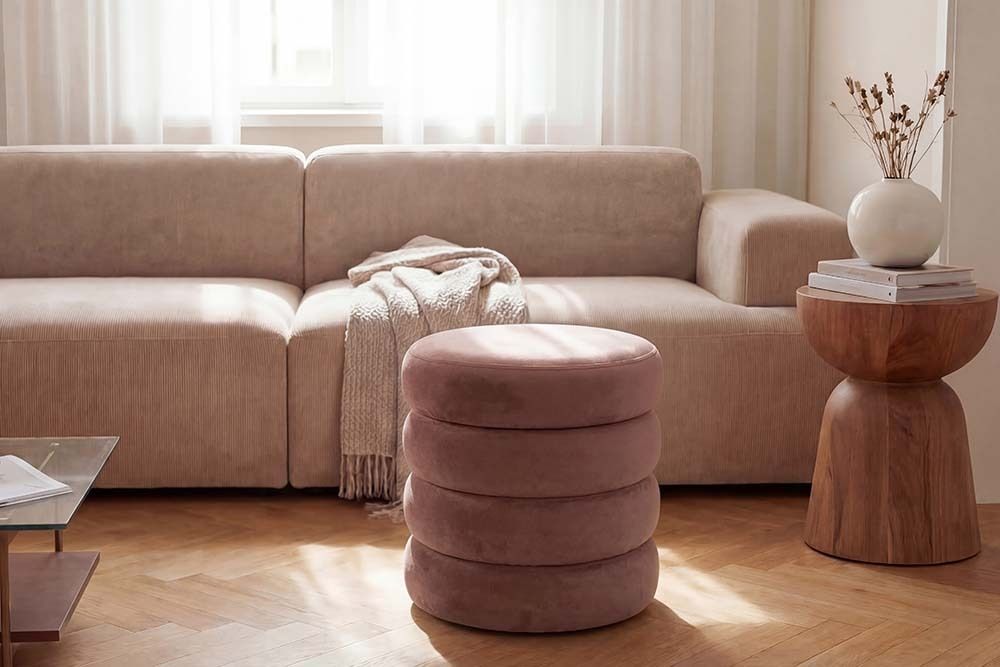 Runder Polsterhocker VOGUE 40cm rosa Samt mit Stauraum