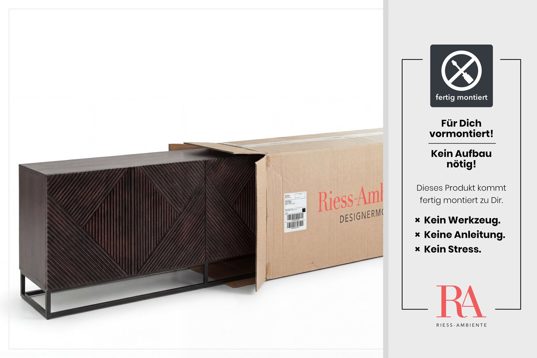 Massives Sideboard CREATIVO 180cm Mangoholz aufwändige 3D Front Retro Design