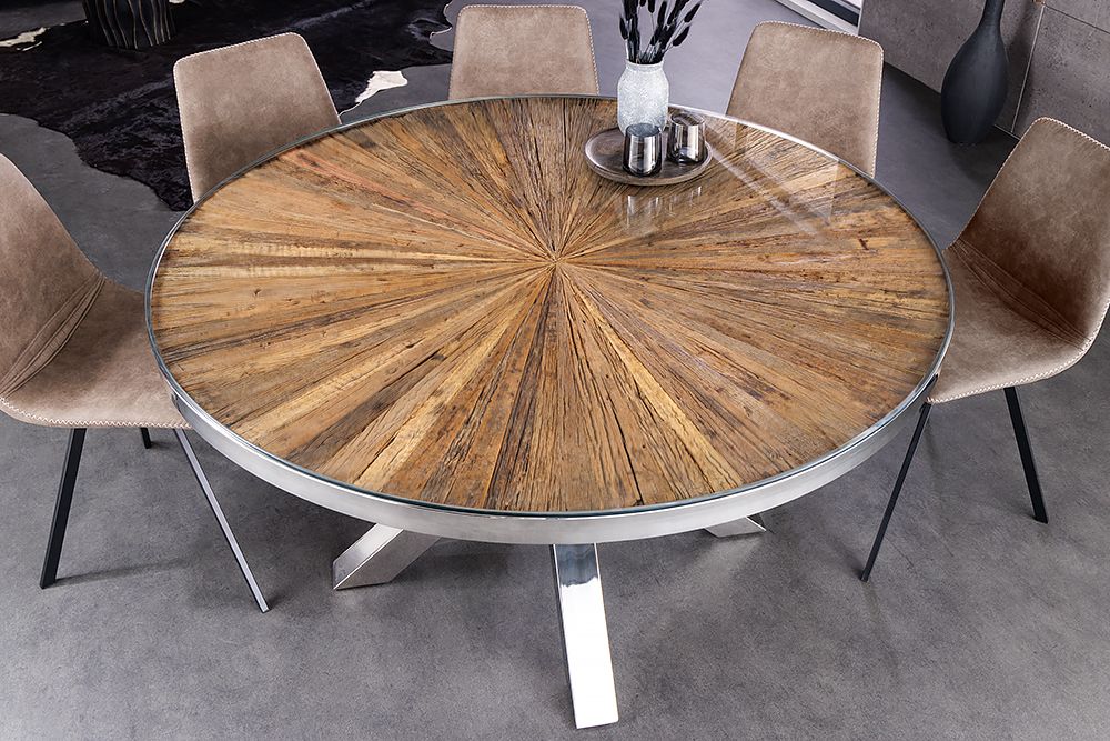 Runder Esstisch BARRACUDA 140cm braun Teak Massivholz Glas silber Edelstahl verchromt