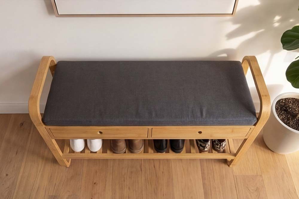 Stilvolle Schuhbank ZEN-BO 100cm natur grau Bambus Regal Sitzbank mit Schubladen