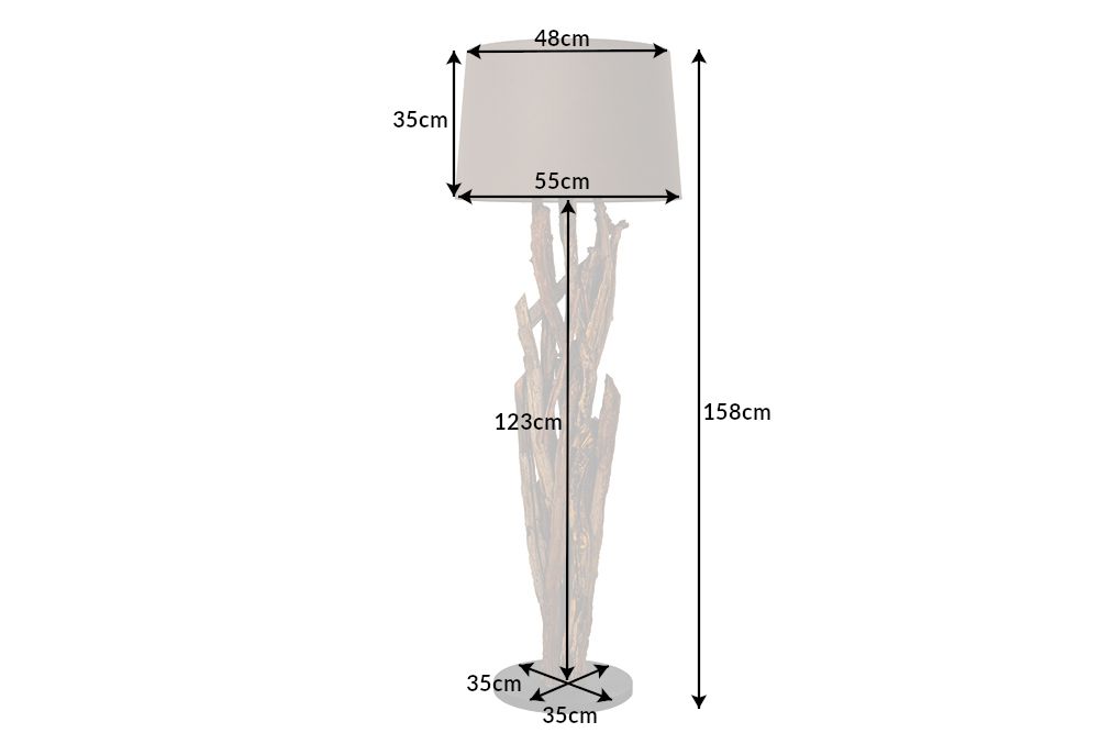 Handgefertigte Stehlampe WILD NATURE 158cm grau Treibholz Stehleuchte Leinenschirm