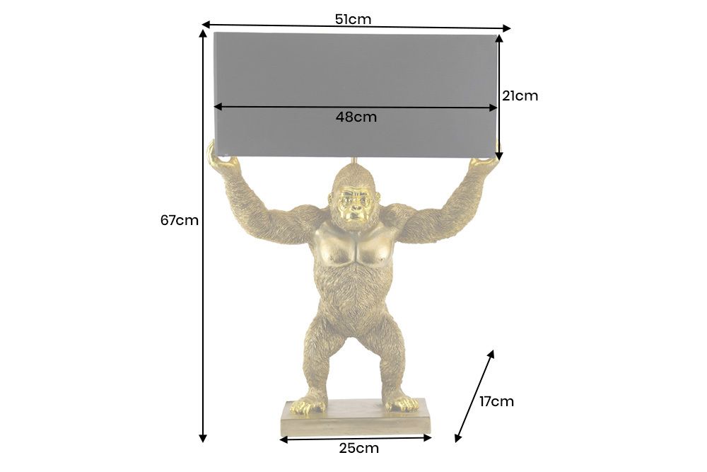 Handgefertigte Tischlampe KING APE 70cm schwarz gold Stoffschirm Affen-Skulptur