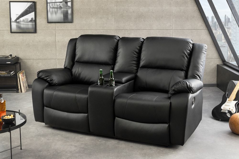 Exklusiver 2er Kinosessel HOLLYWOOD 190cm schwarz mit Liegefunktion und Getränkehalter