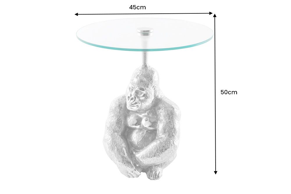 Runder Beistelltisch KONG 50cm silber Metall Glas Affenfigur Gorilla Skulptur