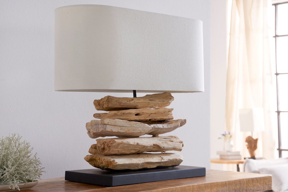 Handgearbeitete Treibholz Lampe RIVERINE 55cm creme Leinenschirm Tischleuchte