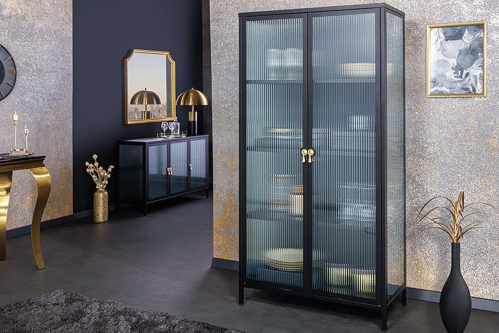Moderne Vitrine AMSTERDAM 160cm schwarz gold Riffelglas Metall Highboard Schrank