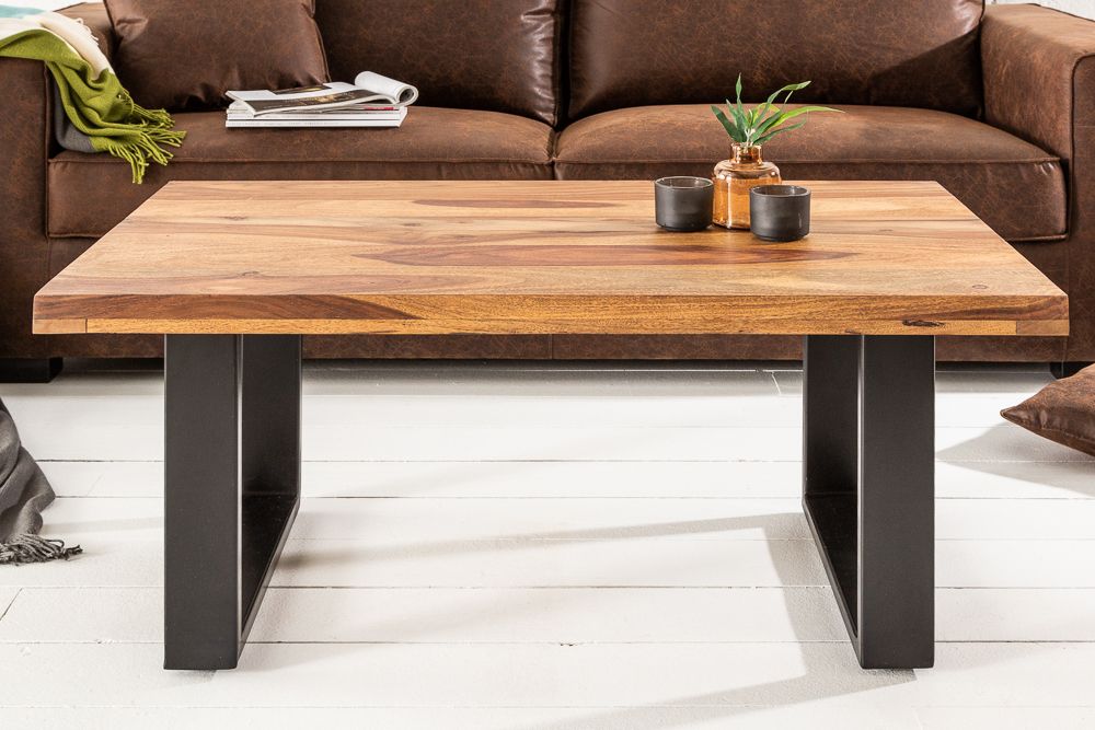Massivholz Couchtisch IRON CRAFT 100cm braun Sheesham stone finish Industrial Design