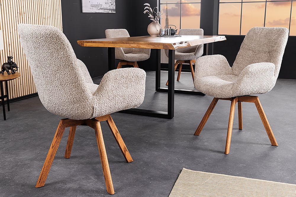 Drehbarer Design Stuhl BALTIC beige Bouclé natur Eiche Massivholz-Beine mit Armlehne