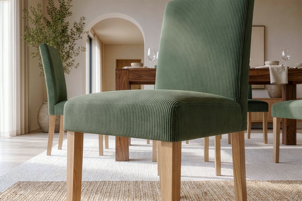 Design Stuhl GENUA grün Cord mit Massivholz-Beinen
