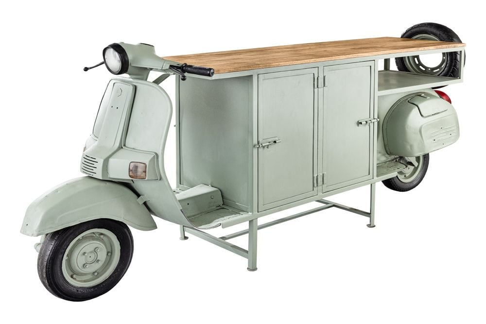 Extravaganter Barschrank SCOOTER 250cm salbei Retro-Konsole Motorroller mit Mangoholz Upcycling