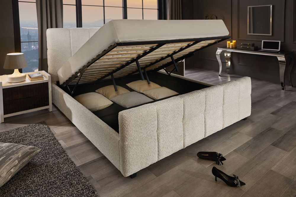 Modernes Boxbett PRESTIGE 180x200cm creme Bouclé mit Stauraum und Lattenrost