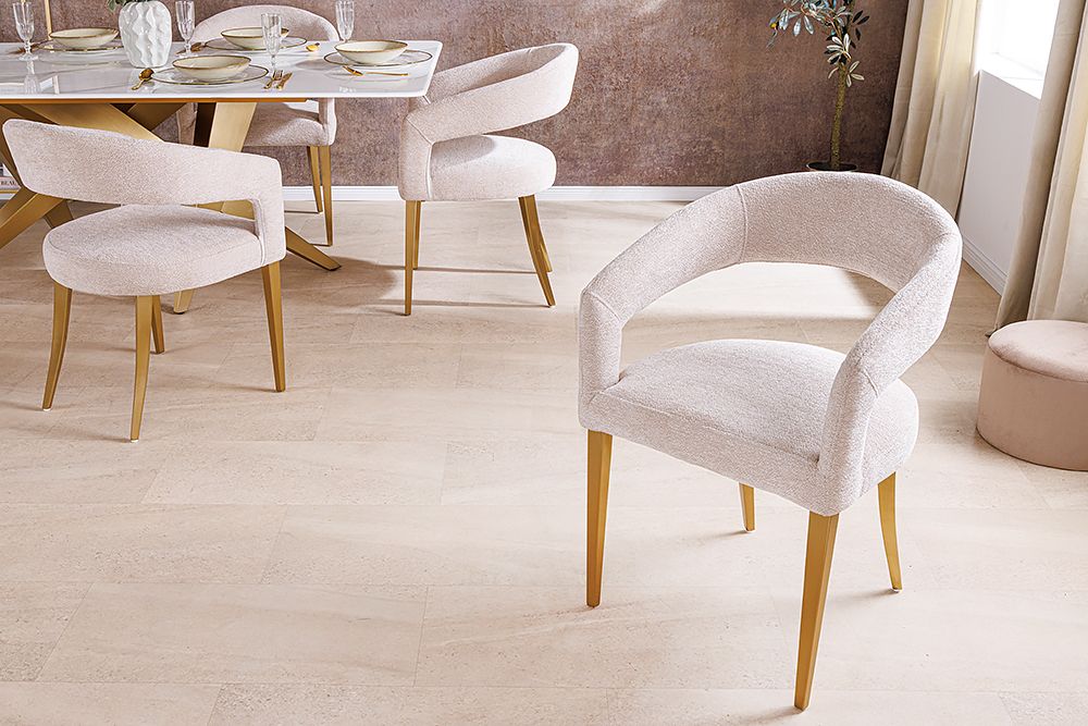 Skandinavischer Stuhl BOUTIQUE beige Strukturstoff brushed champagner gold Metall » Jetzt kaufen
