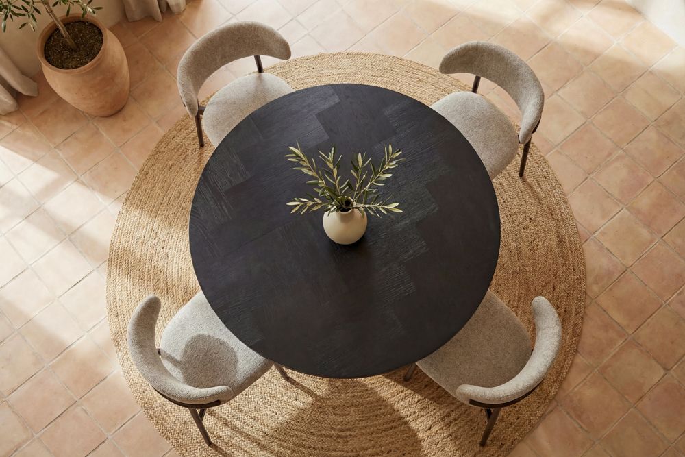 Design Esstisch BABYLON 120cm schwarz Fischgrät Eiche rund mit drei Säulenfüßen