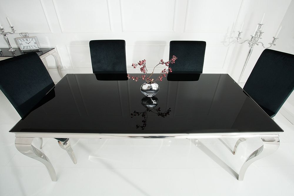 Eleganter Design Esstisch MODERN BAROCK 200cm schwarz Opalglas Tischplatte Edelstahl