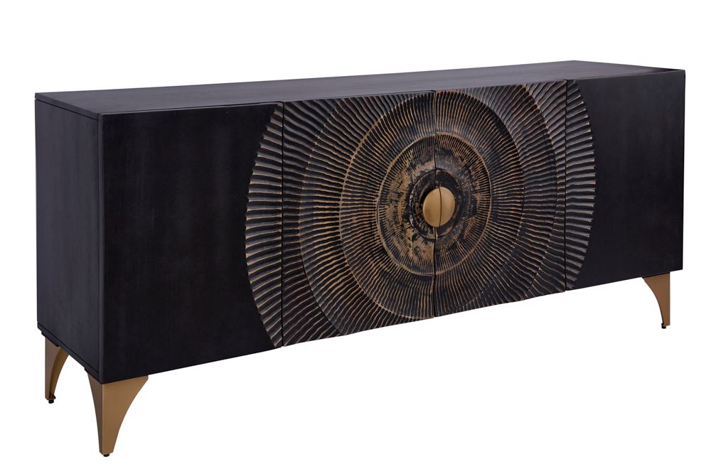 Handgearbeitetes Sideboard GOLDEN SUNSET 180cm schwarz mit 3D Schnitzereien gold Mangoholz Metallbeine