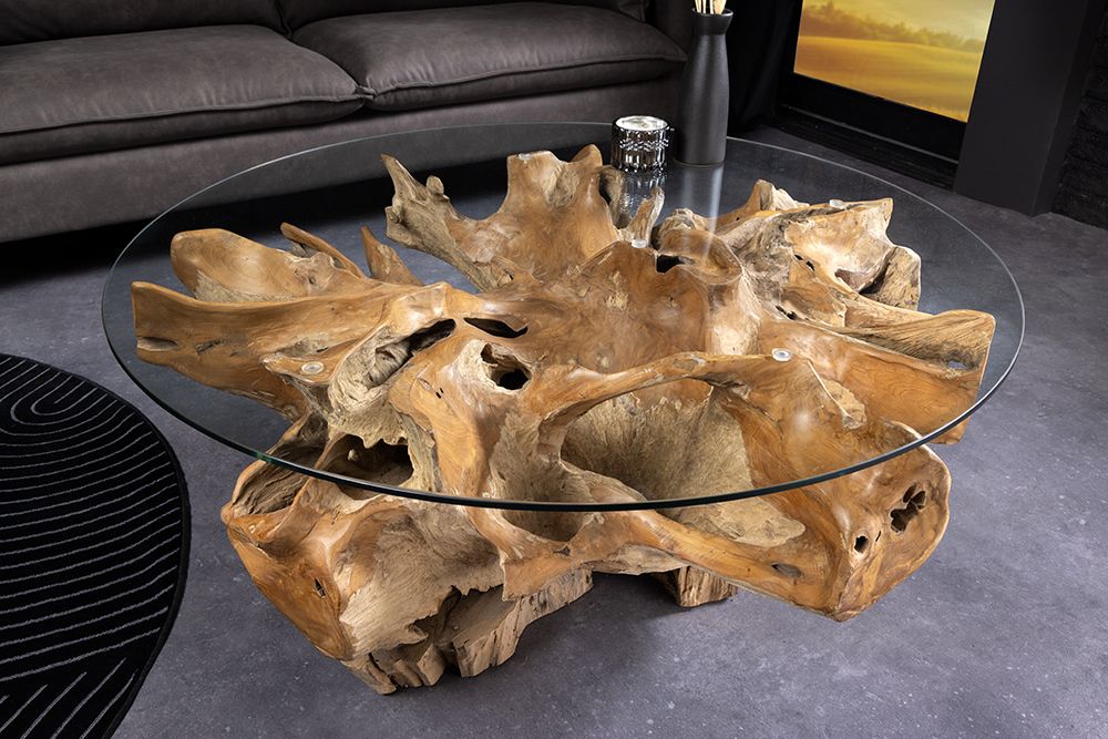 Runder Couchtisch ROOT 100cm natur Teak Massivholz aus Wurzelholz mit Glasplatte