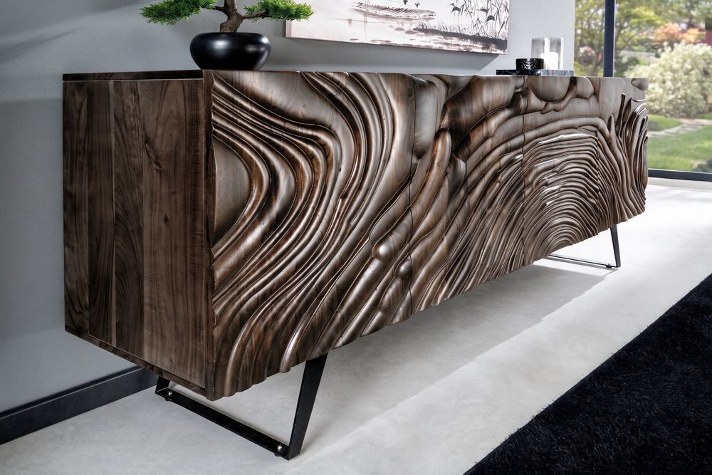 Massives Sideboard FLUID 175cm braun Mangoholz 3D-Design Kufengestell