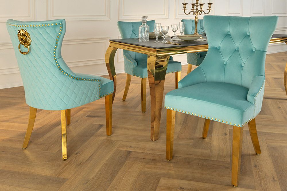 Barock Stuhl CASTLE DELUXE blau Samt gold Edelstahl mit Löwenkopf Chesterfield