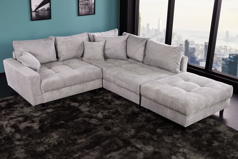 Modernes Ecksofa KENT 220cm hellgrau Cord inkl. Hocker Federkern L-Form Wohnlandschaft