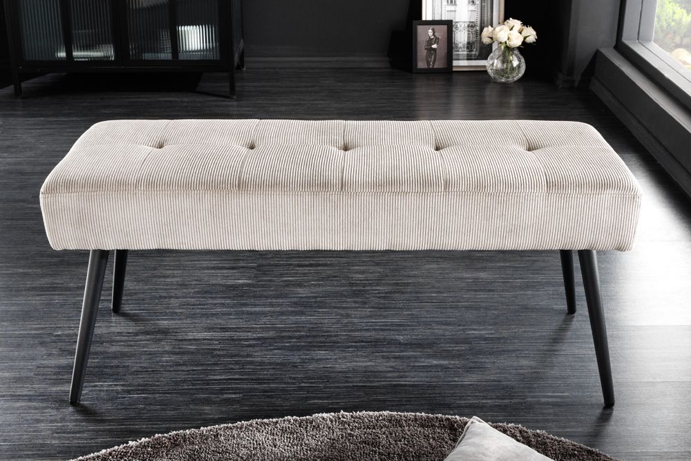 Design Sitzbank BOUTIQUE 100cm hellgrau Cord Metallbeine schwarz