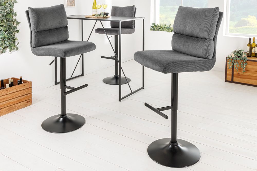 Höhenverstellbarer Barhocker COMFORT grau Cord drehbar mit Lehne Metall schwarz