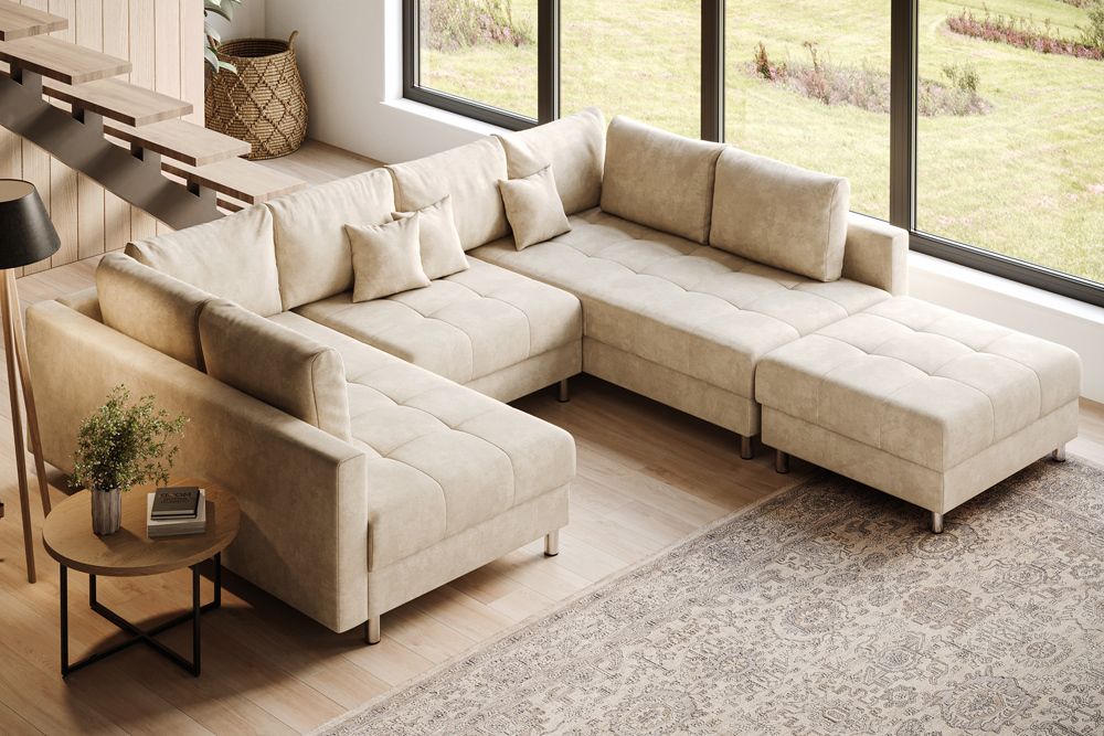 XXL Wohnlandschaft KENT 305cm champagner beige Vogue Velours Samt Federkern mit Hocker
