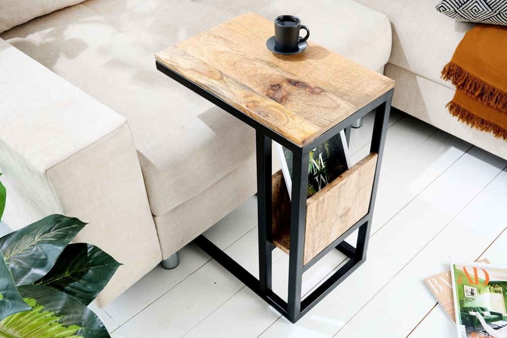 Moderner Laptoptisch CONCIERGE 60cm natur Mangoholz Beistelltisch mit Stauraum Metallgestell
