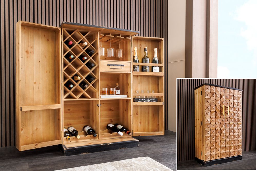 Design Barschrank BODEGA 120cm natur Pinienholz mit 3D-Front und Flaschenregal