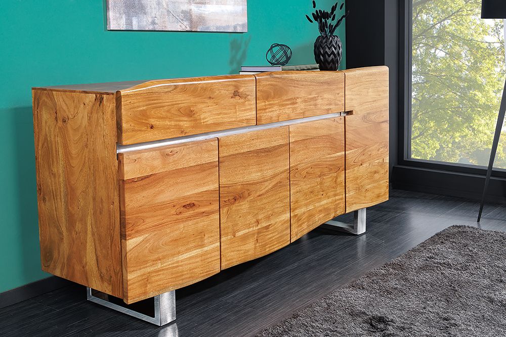 Massivholz Sideboard MAMMUT 170cm Akazie Baumkante mit Schubladen Kufengestell Edelstahl