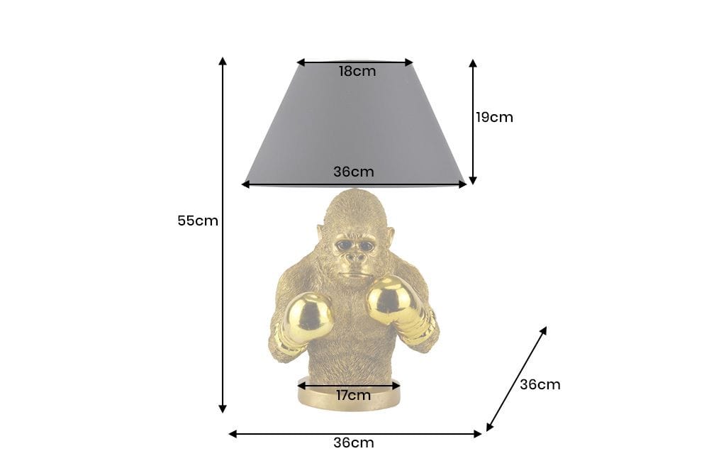 Handgefertigte Tischlampe KING APE 55cm schwarz gold Stoffschirm Affen-Skulptur