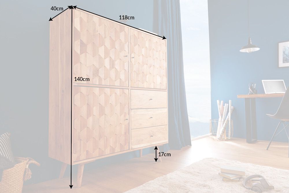 Massivholz Highboard MYSTIC LIVING 140cm Akazie natur 3D-Oberfläche