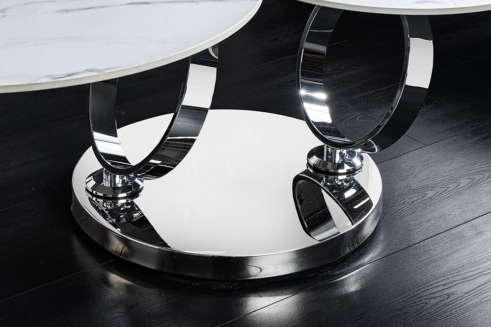 Design Couchtisch DANCING RINGS weiß rund drehbar Marmor Keramik Chrome Gestell